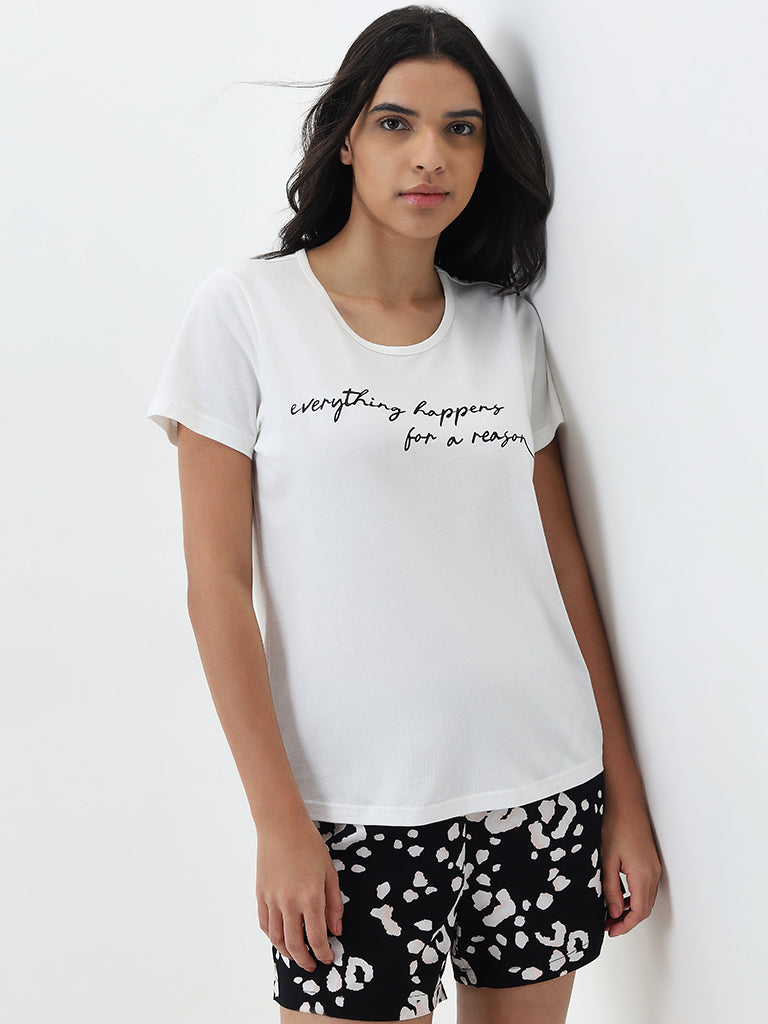 Wunderlove Off-White Text Printed Cotton T-Shirt