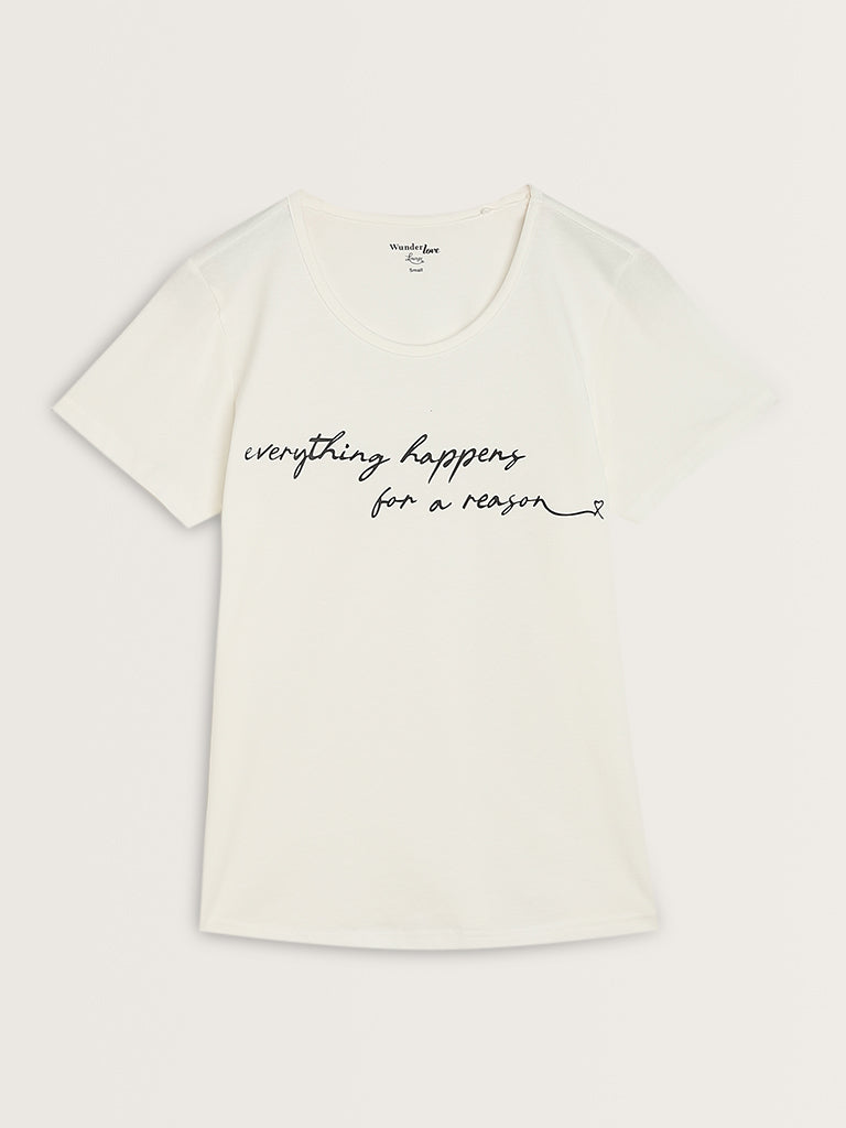 Wunderlove Off-White Text Printed Cotton T-Shirt