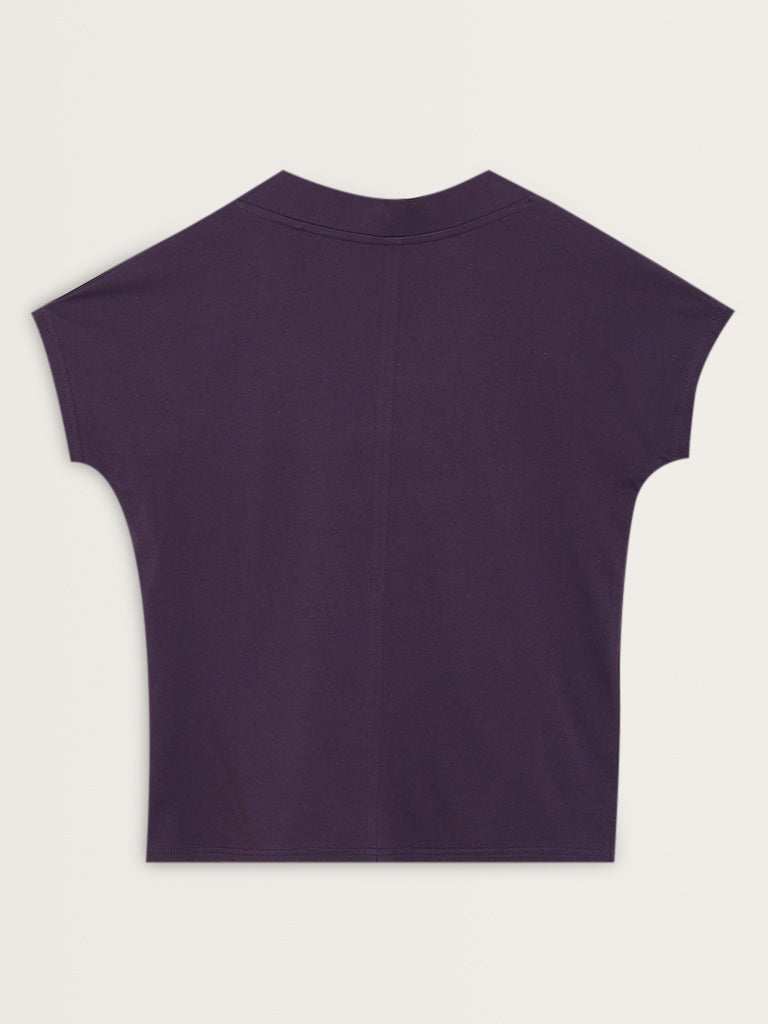 Wunderlove Solid Purple V-Neck Cotton Top