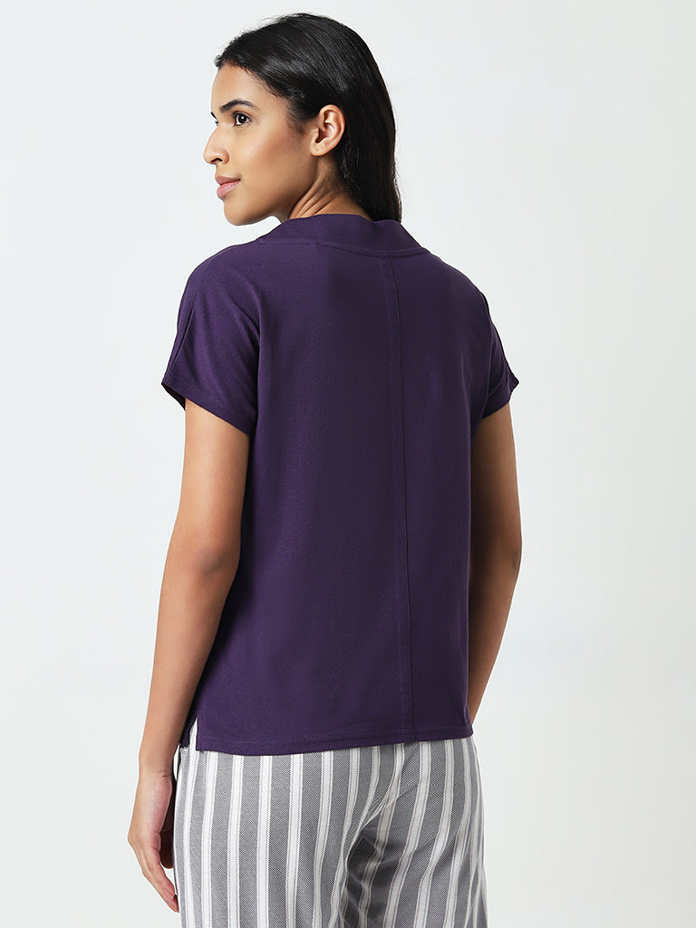 Wunderlove Solid Purple V-Neck Cotton Top