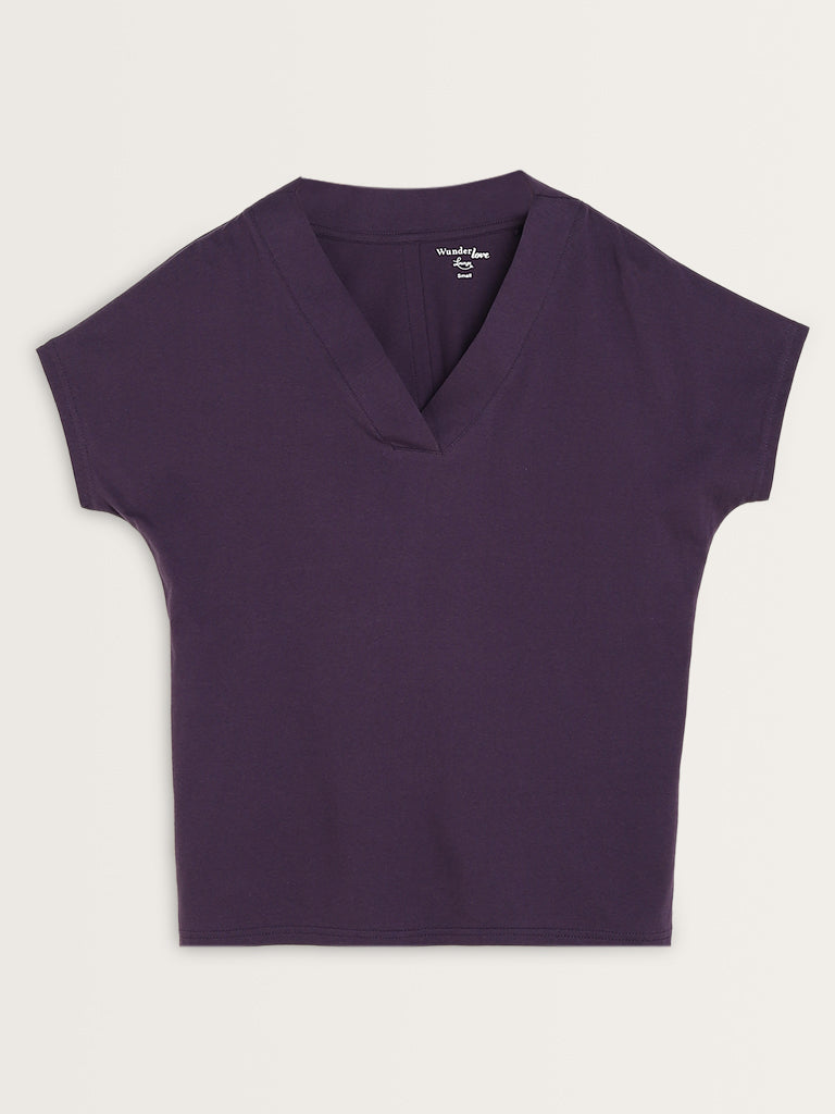 Wunderlove Solid Purple V-Neck Cotton Top