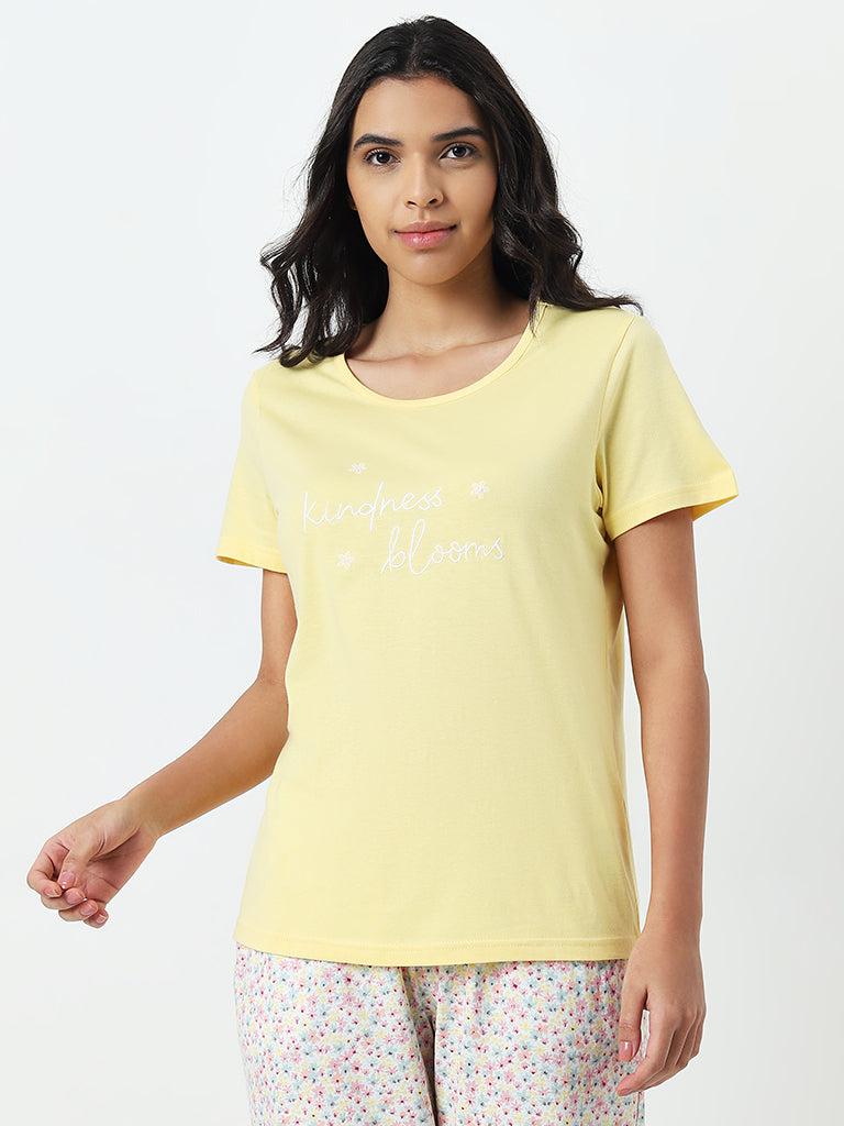 Wunderlove Yellow Text Embroidered Slogan Cotton Top