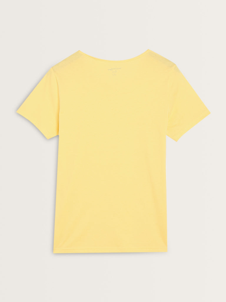 Wunderlove Yellow Text Embroidered Slogan Cotton Top