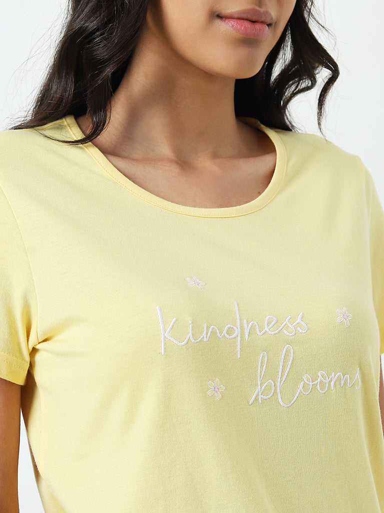 Wunderlove Yellow Text Embroidered Slogan Cotton Top