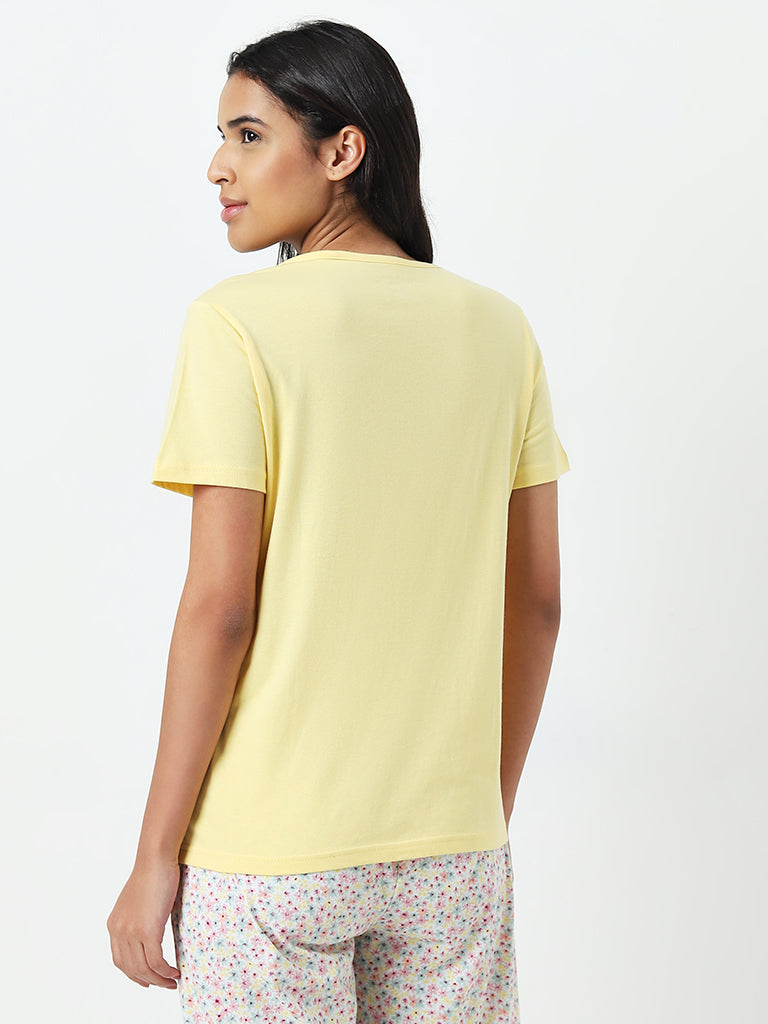 Wunderlove Yellow Text Embroidered Slogan Cotton Top