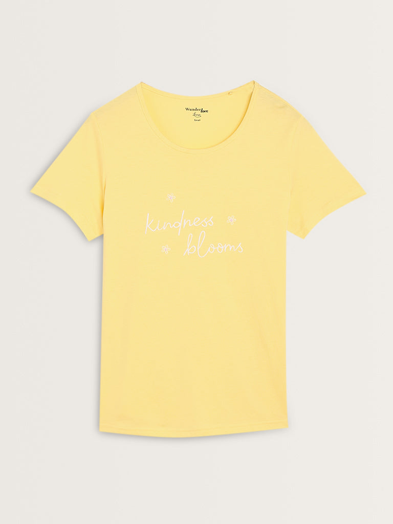 Wunderlove Yellow Text Embroidered Slogan Cotton Top