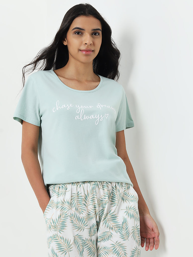 Wunderlove Sage Printed Slogan Cotton Top