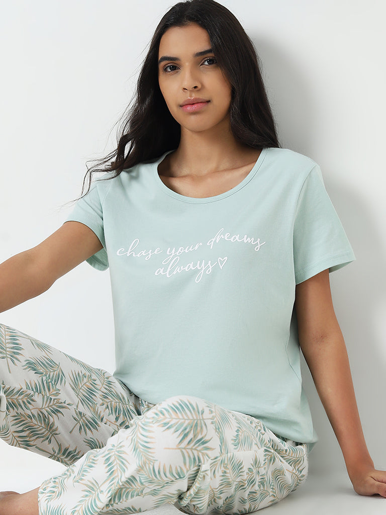 Wunderlove Sage Printed Slogan Cotton Top