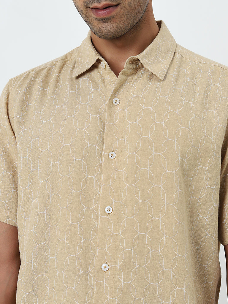 Ascot Beige Abstract Print Relaxed-Fit Blended Linen Shirt