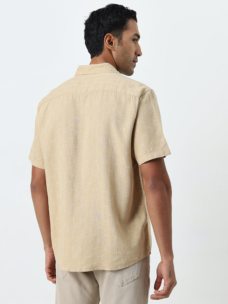 Ascot Beige Abstract Print Relaxed-Fit Blended Linen Shirt