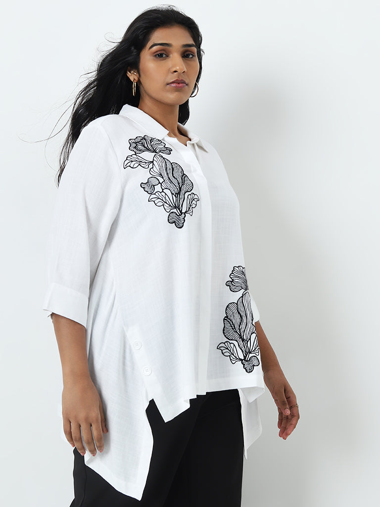 Gia White Floral Embroidered High-Low Shirt