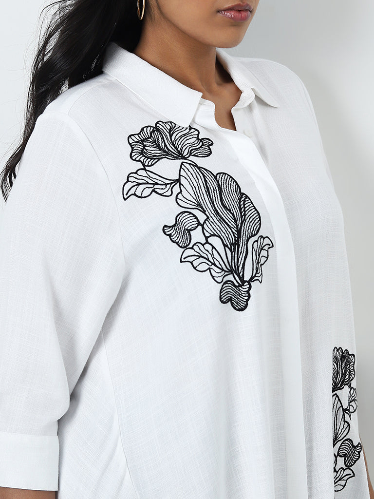 Gia White Floral Embroidered High-Low Shirt