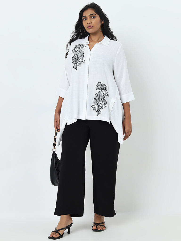 Gia White Floral Embroidered High-Low Shirt