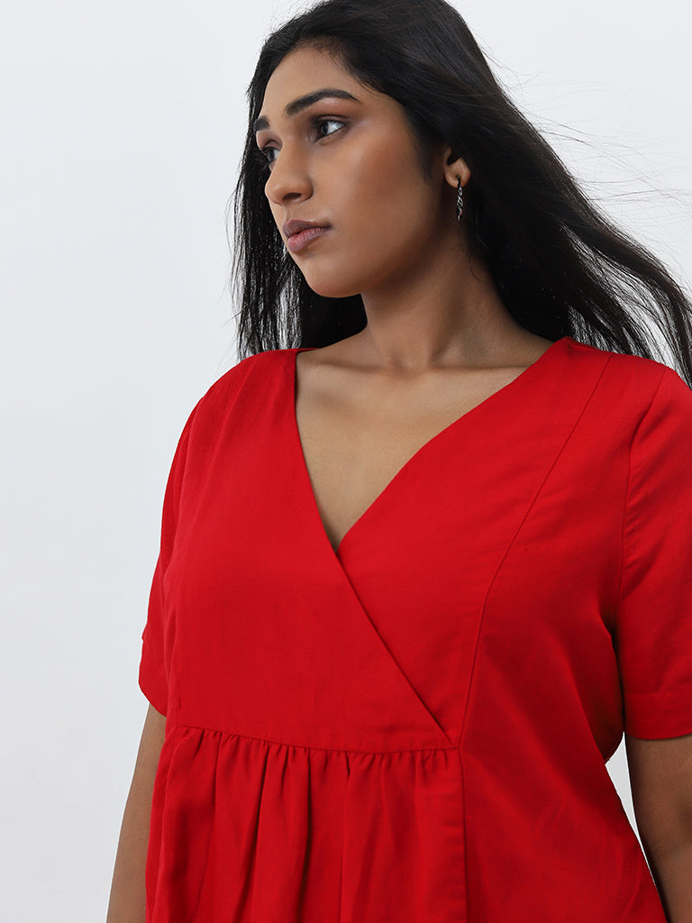 Gia Red Gathered A-Line Cotton Dress