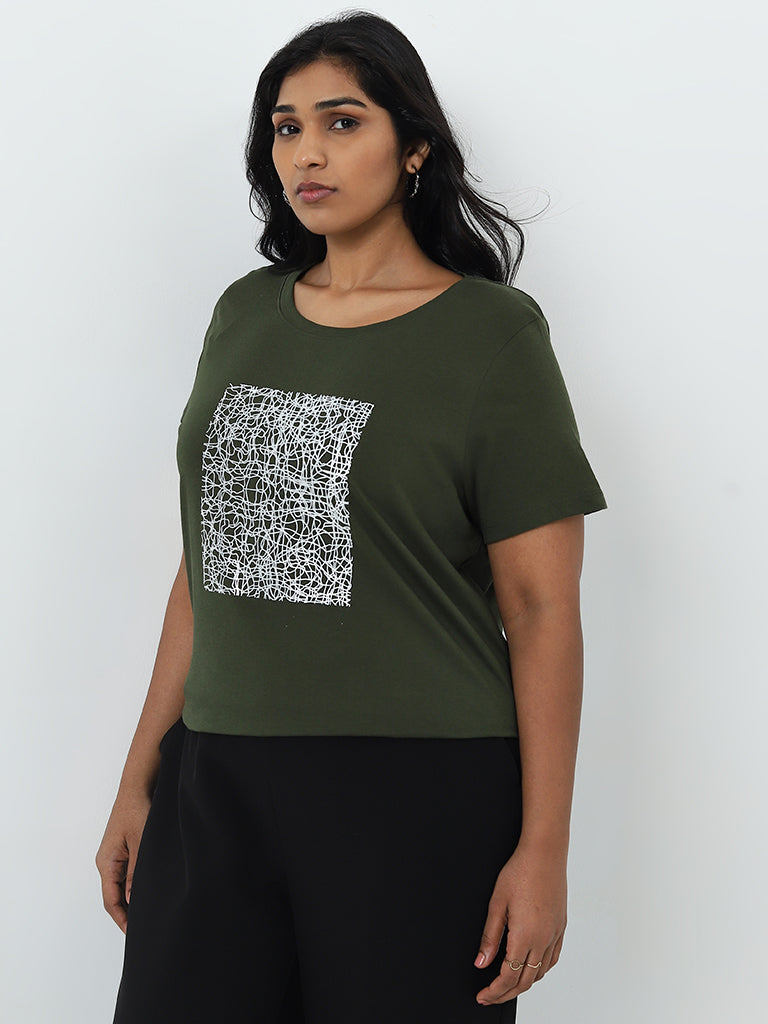 Gia Olive Abstract Printed Cotton T-Shirt