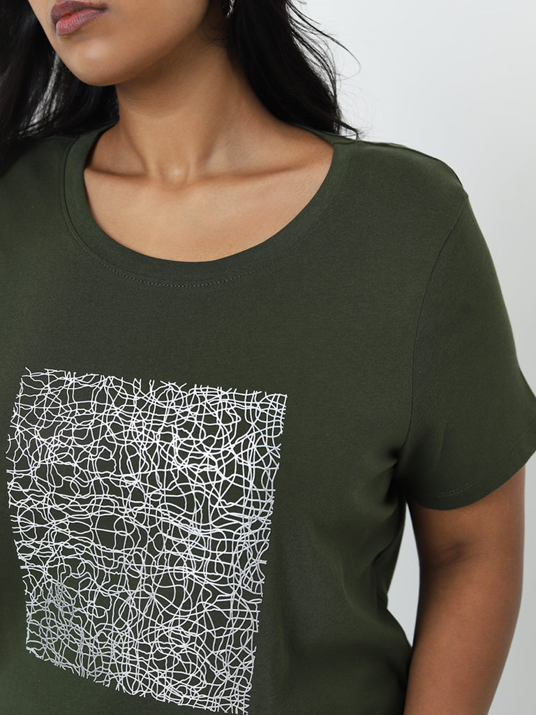 Gia Olive Abstract Printed Cotton T-Shirt