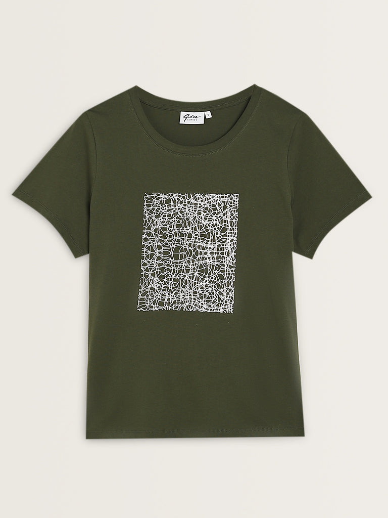 Gia Olive Abstract Printed Cotton T-Shirt