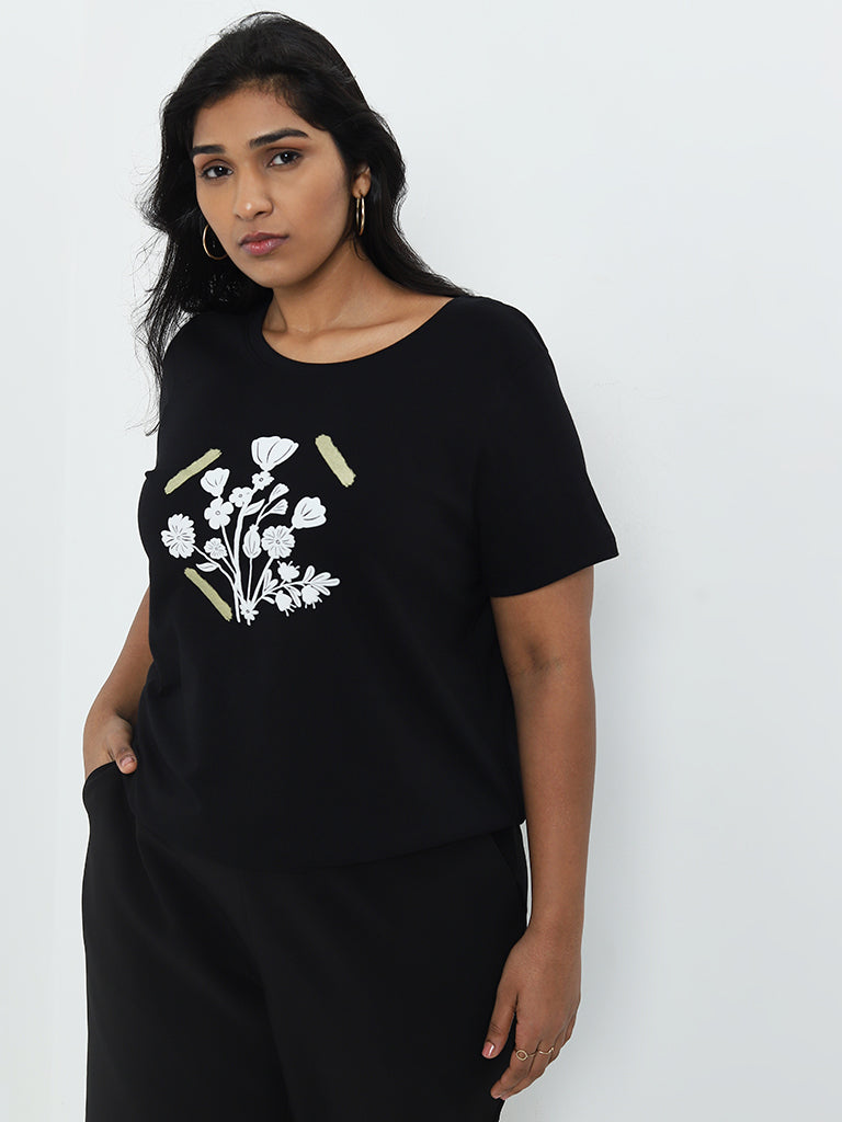 Gia Black Floral Printed Cotton T-Shirt