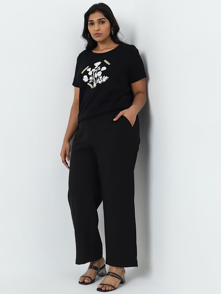 Gia Black Floral Printed Cotton T-Shirt