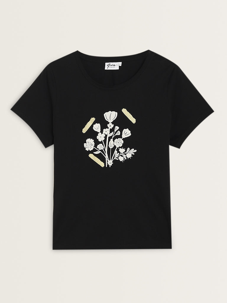 Gia Black Floral Printed Cotton T-Shirt