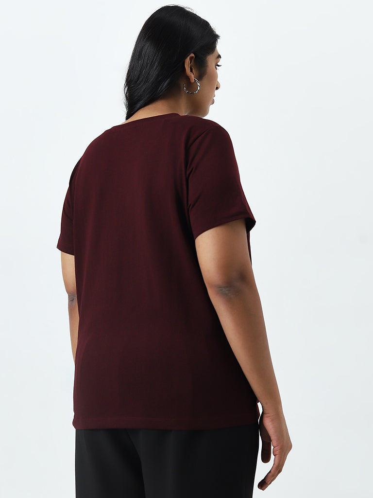 Gia Maroon Printed Cotton T-Shirt