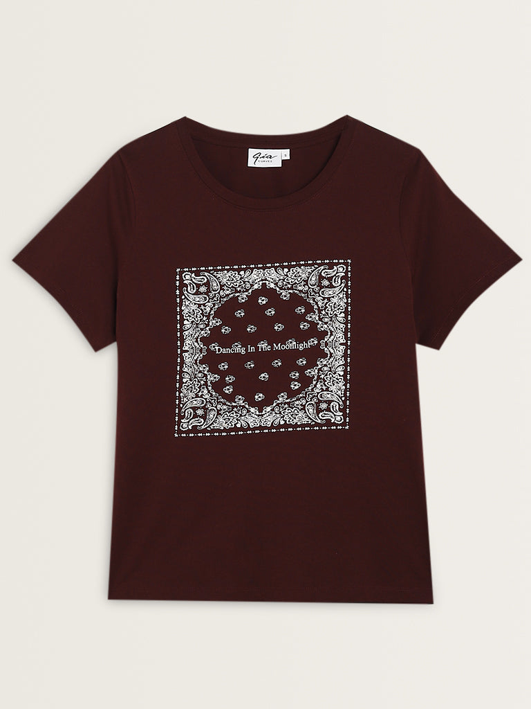 Gia Maroon Printed Cotton T-Shirt