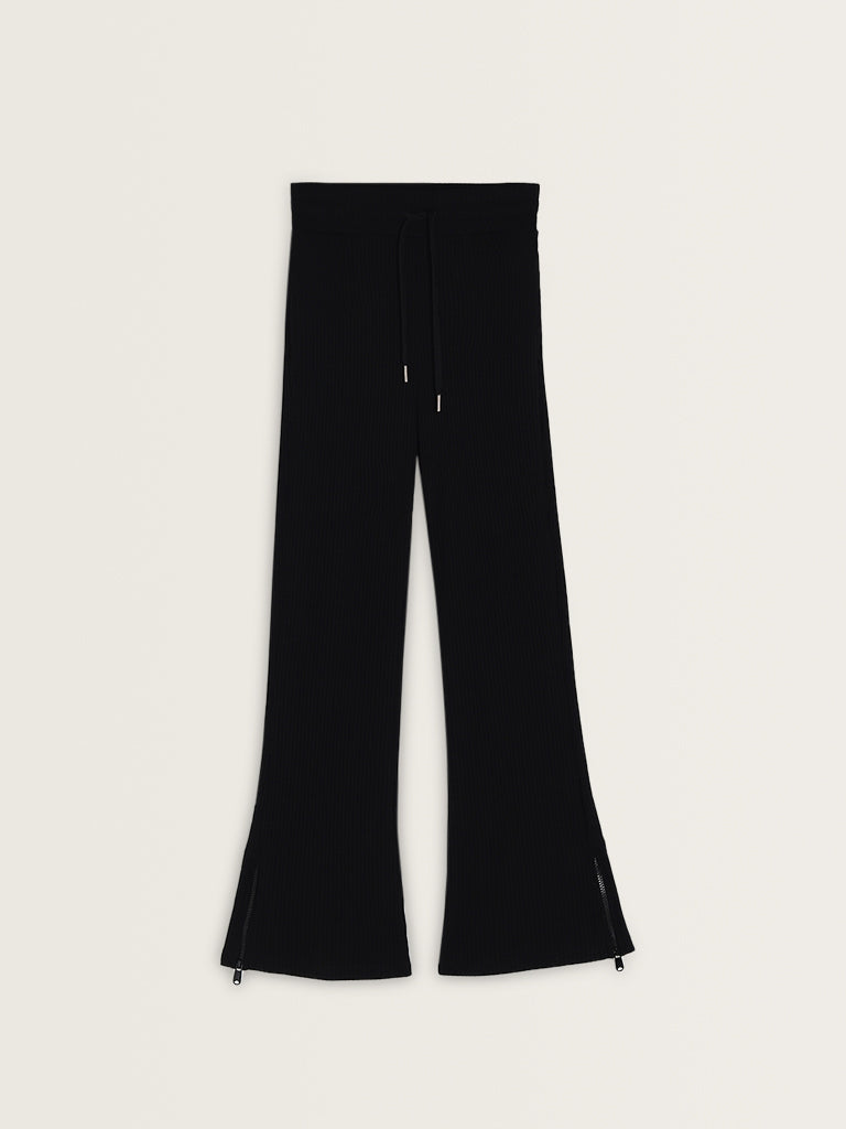 Studiofit Black Ribbed Textured High-Rise Track Pants