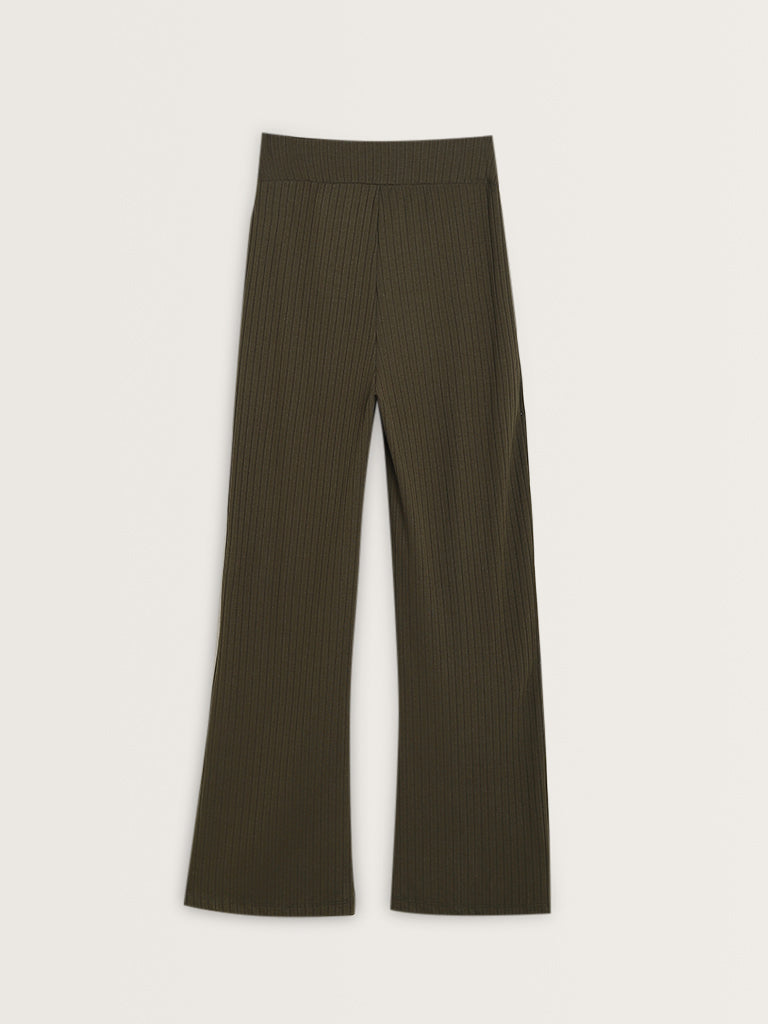 Studiofit Olive Ribbed Textured High-Rise Track Pants