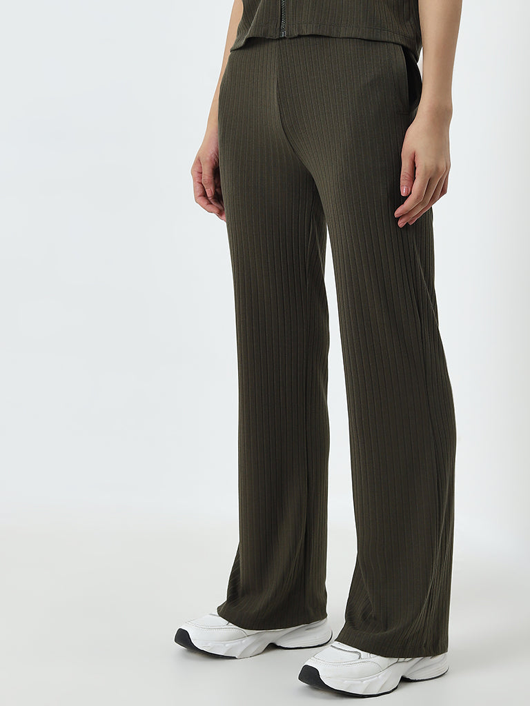 Studiofit Olive Ribbed Textured High-Rise Track Pants