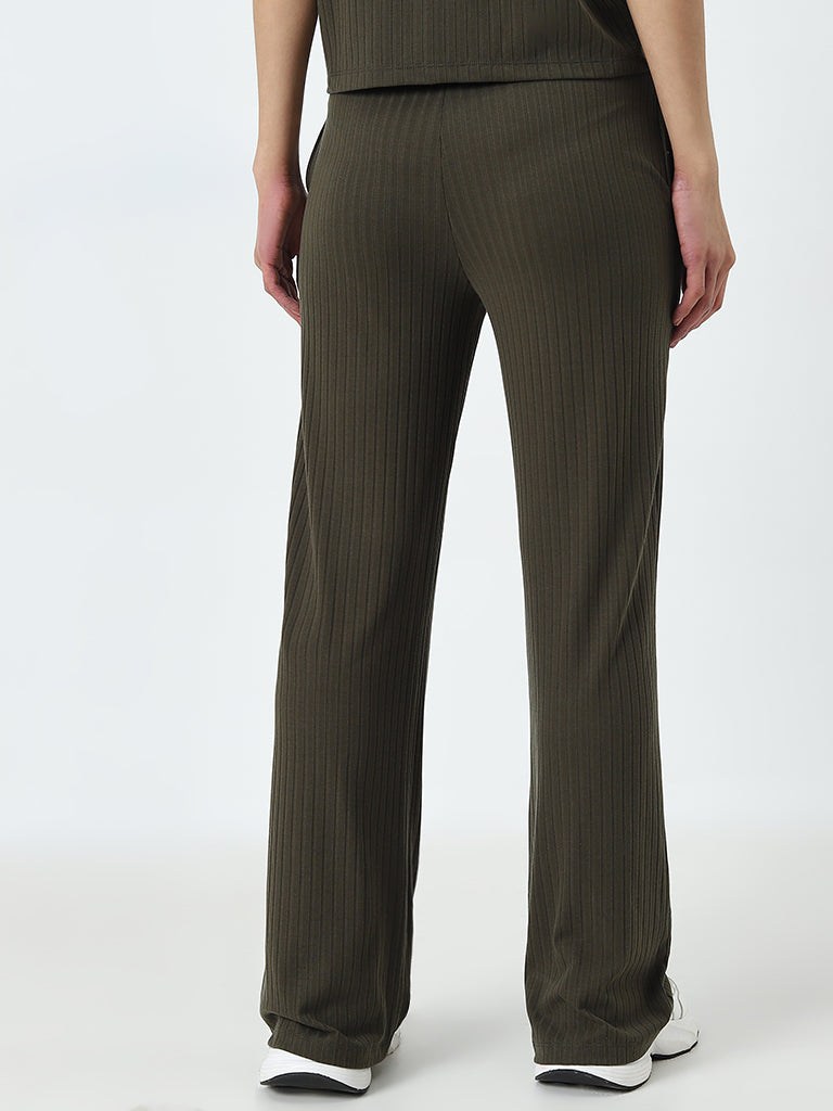 Studiofit Olive Ribbed Textured High-Rise Track Pants