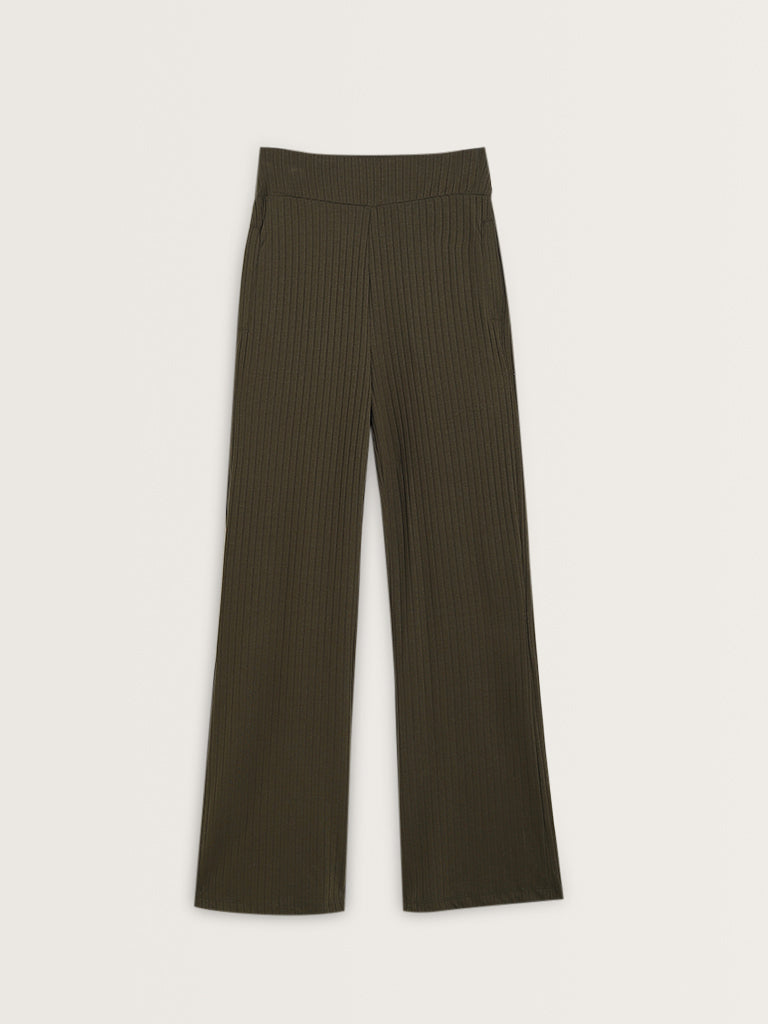 Studiofit Olive Ribbed Textured High-Rise Track Pants