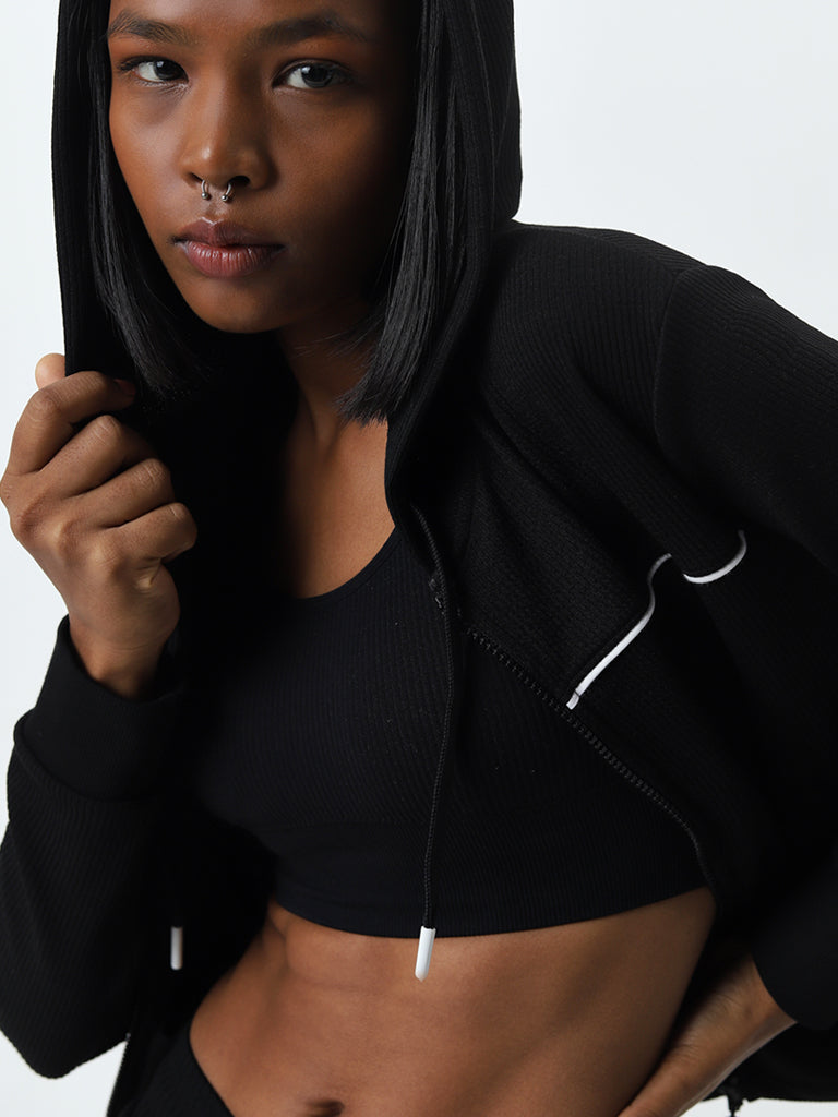 Studiofit Black Ribbed Textured Hooded Jacket