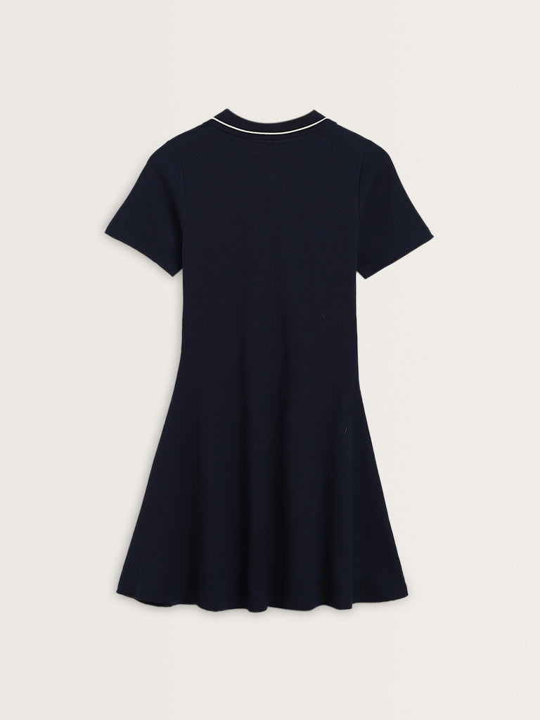 Studiofit Navy Ribbed Textured A-Line Cotton Blend Dress