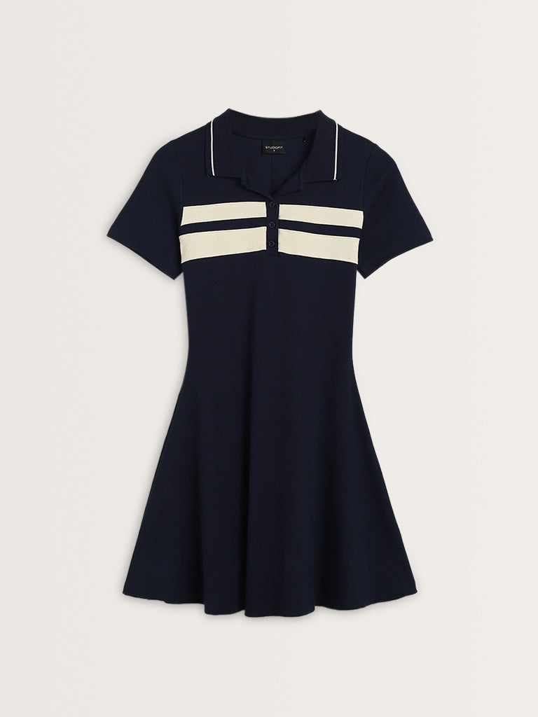 Studiofit Navy Ribbed Textured A-Line Cotton Blend Dress