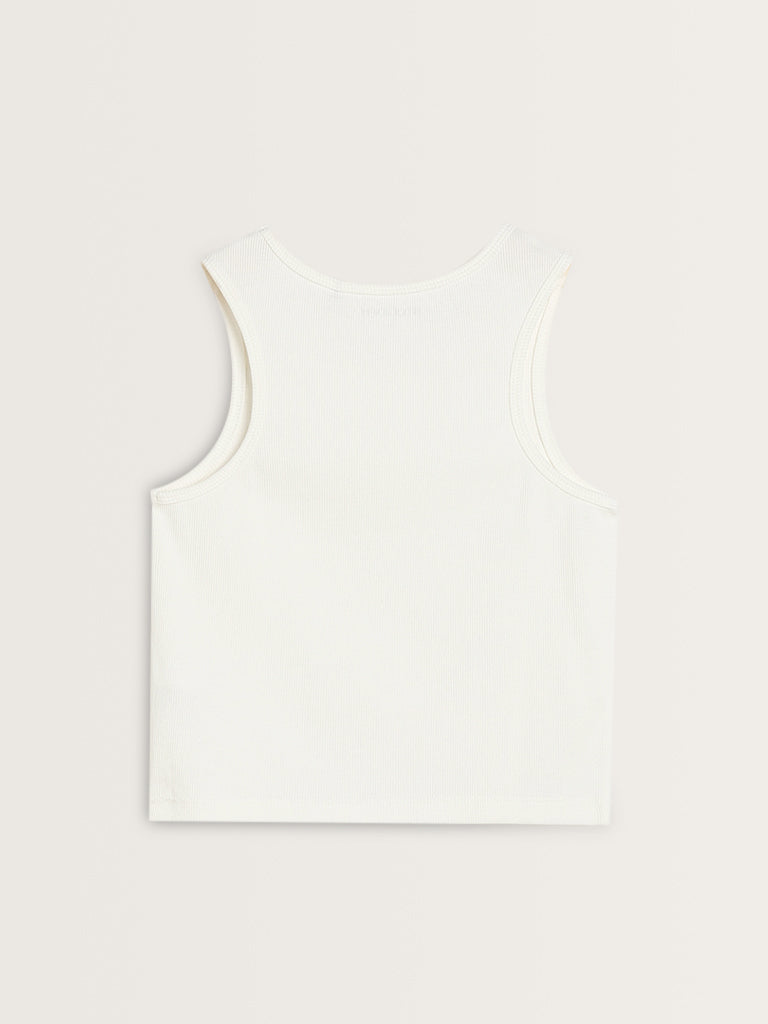 Studiofit White Ribbed Cotton Blend Tank Top