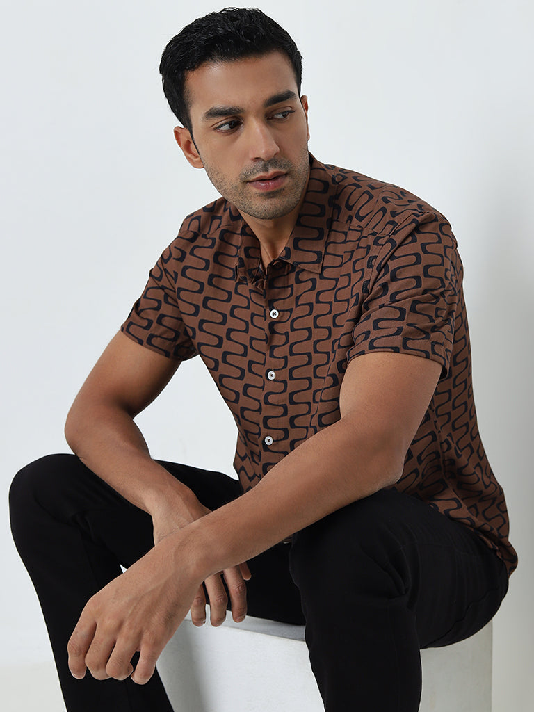 Ascot Brown Abstract Printed Relaxed-Fit Shirt