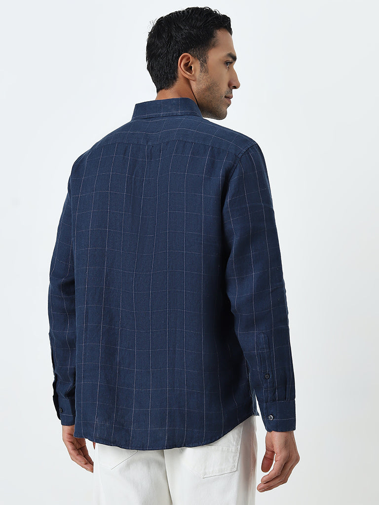 Ascot Navy Checkered Relaxed-Fit Linen Shirt