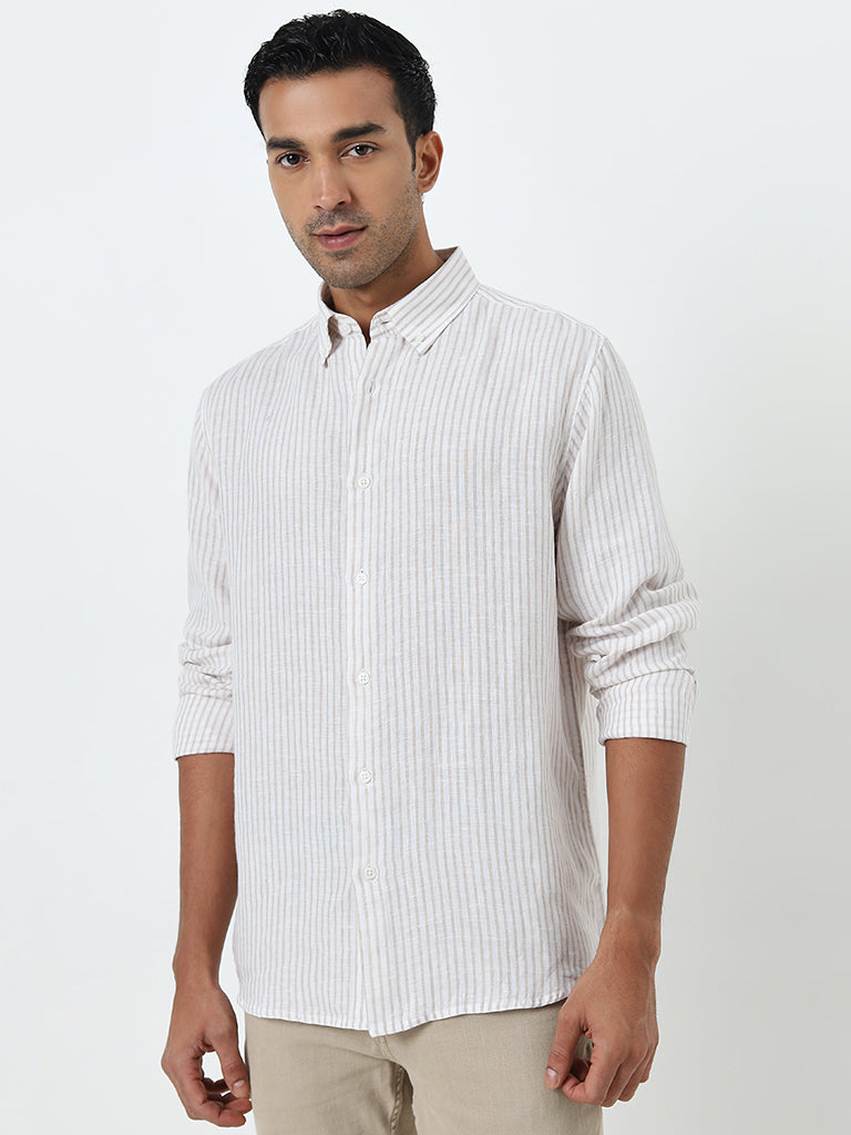 Ascot Beige Striped Relaxed-Fit Linen Shirt