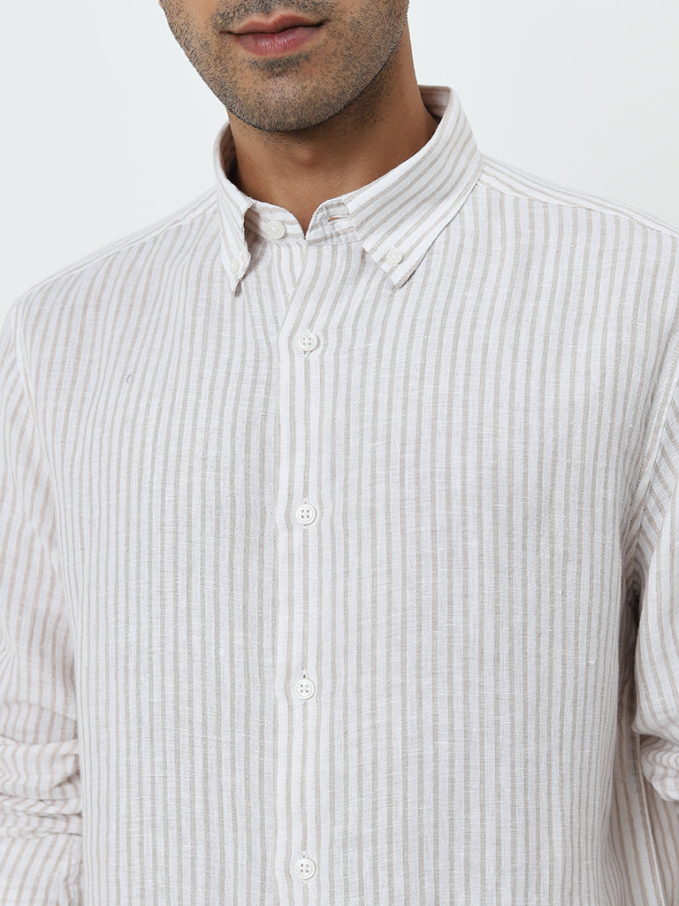 Ascot Beige Striped Relaxed-Fit Linen Shirt