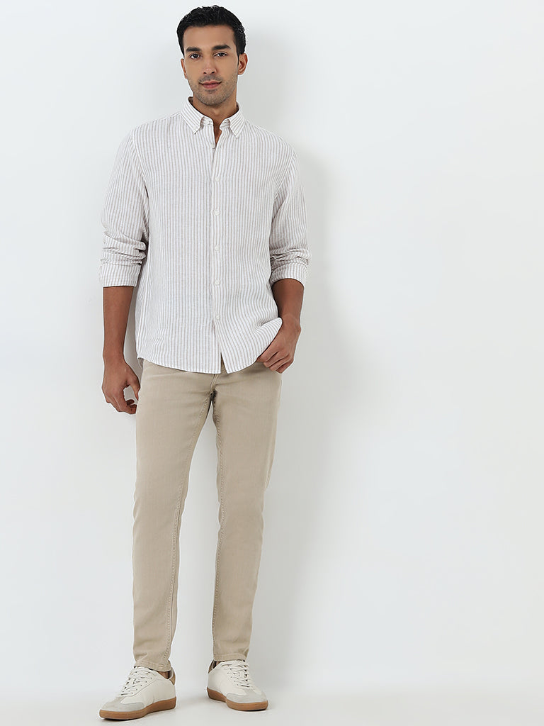 Ascot Beige Striped Relaxed-Fit Linen Shirt