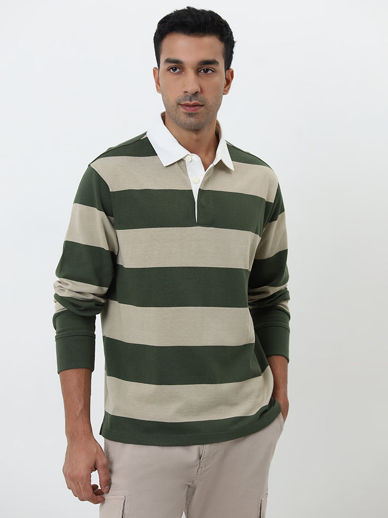 WES Casuals Olive Striped Relaxed-Fit T-Shirt