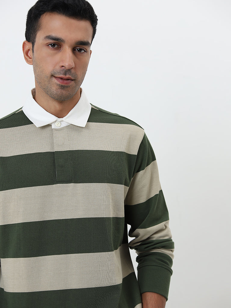 WES Casuals Olive Striped Relaxed-Fit T-Shirt