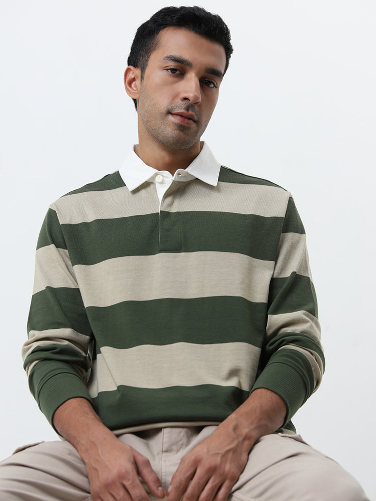 WES Casuals Olive Striped Relaxed-Fit T-Shirt