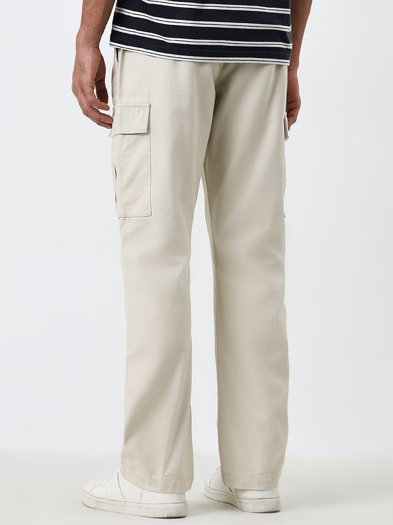 WES Casuals Beige Relaxed-Fit Mid-Rise Cotton Blend Chinos