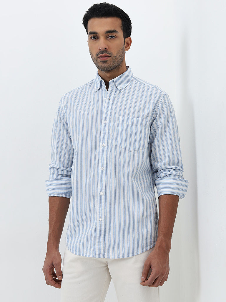 WES Casuals Blue Striped Relaxed-Fit Cotton Shirt