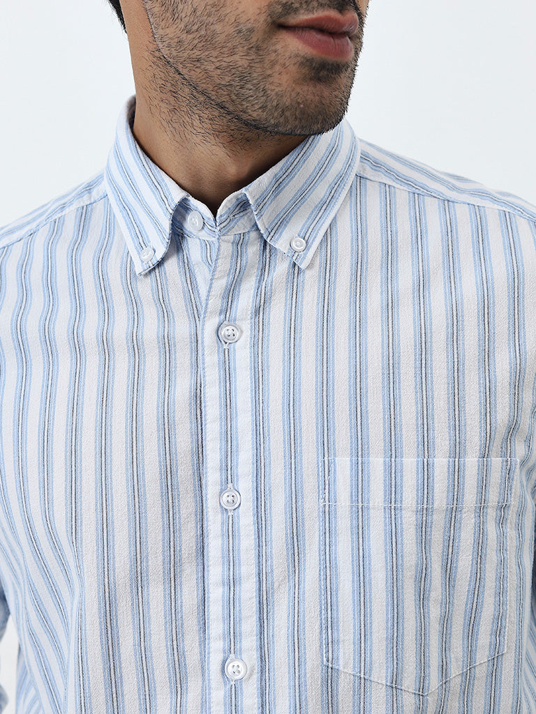 WES Casuals Blue Striped Relaxed-Fit Cotton Shirt