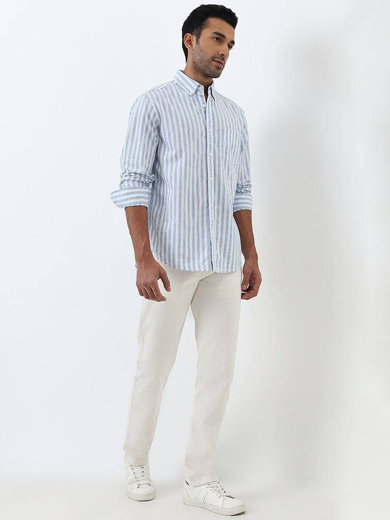 WES Casuals Blue Striped Relaxed-Fit Cotton Shirt