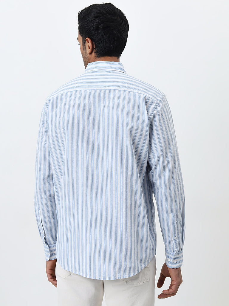 WES Casuals Blue Striped Relaxed-Fit Cotton Shirt