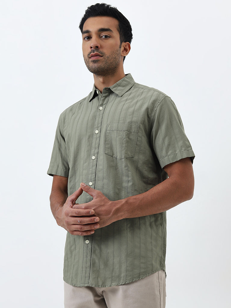 WES Casuals Sage Self-Striped Relaxed-Fit Cotton Shirt