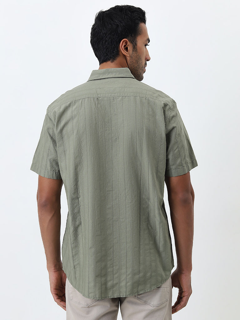 WES Casuals Sage Self-Striped Relaxed-Fit Cotton Shirt